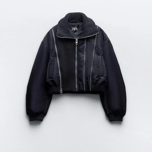 Zara Navy Zippered Pinstriped Bomber Jacket NWT - Picture 1 of 16